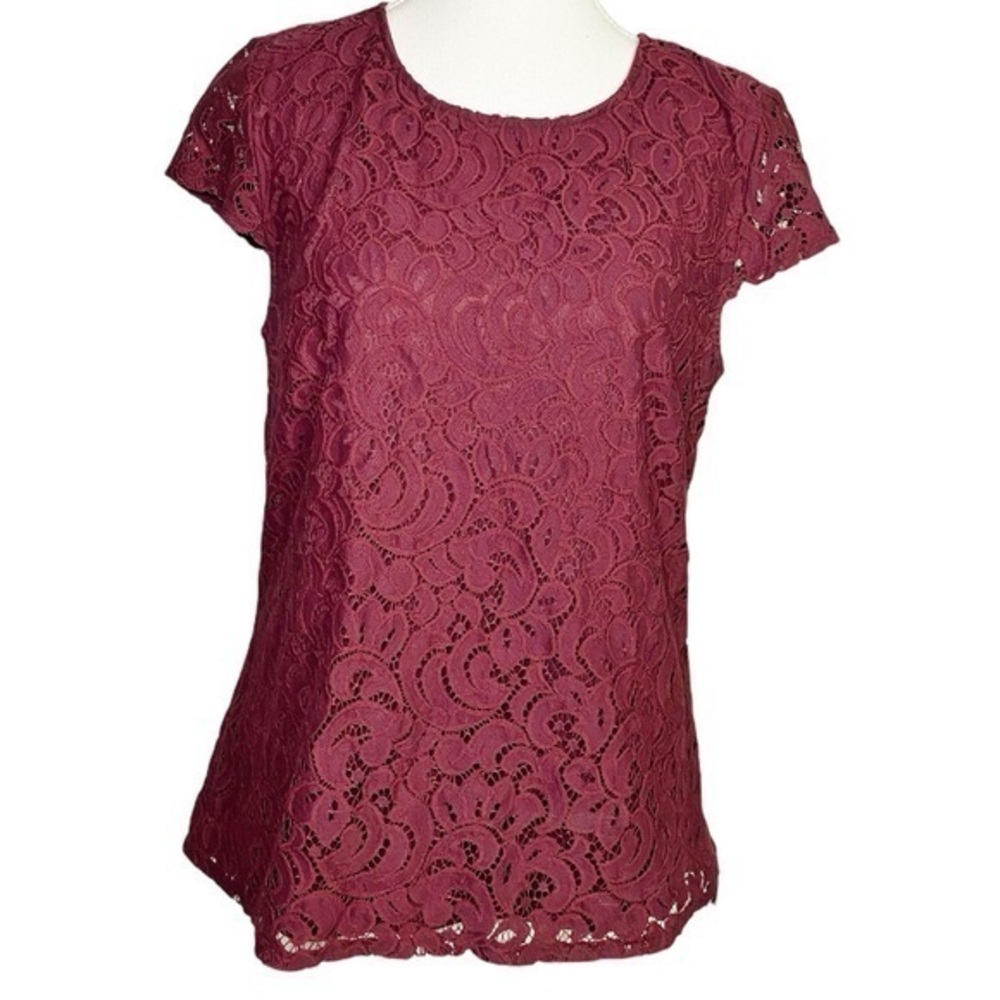 Laundry by Shelli Segal Elegant Lace Burgundy Cap Sleeve Top